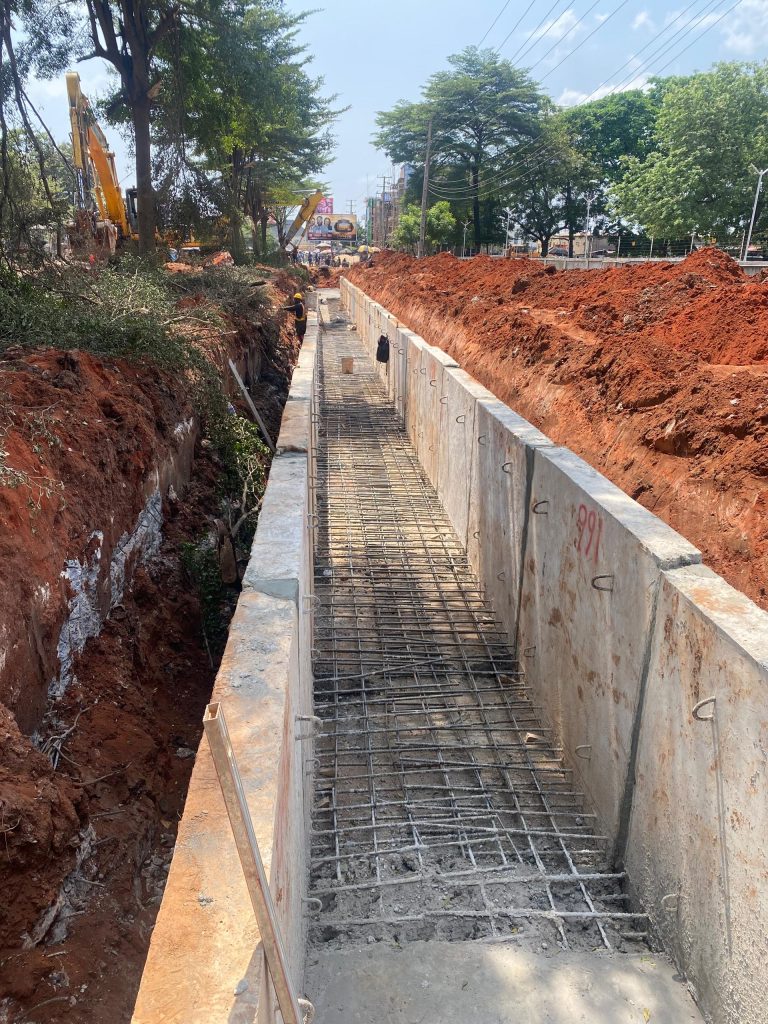 Rebars placed for the 1.5m x 1.625m ( varies) open channel drain at the left hand side by Summit road, Asaba. At CH 0+150.