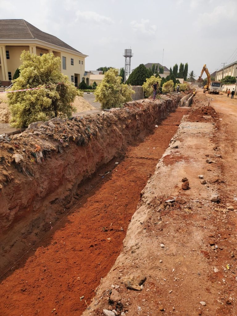 Excavated trench for 0.9m x 1.2m (varying depth) open channel drain at Ogagifo Street, CH 0+65 - 0+34.